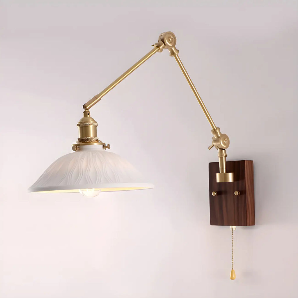 Vintage Wood Base Brass Metal Swing Arm Wall Light