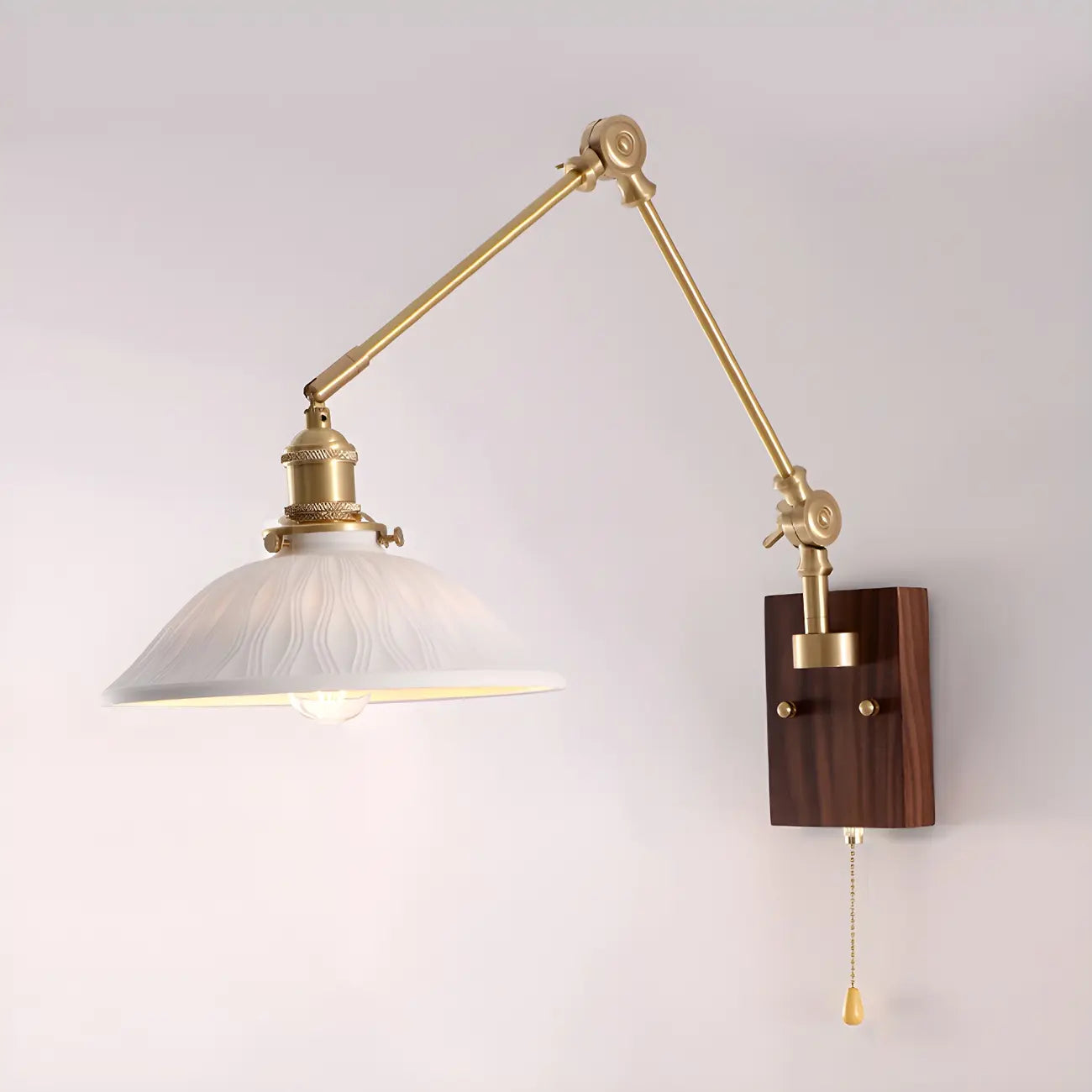 Vintage Wood Base Brass Metal Swing Arm Wall Light