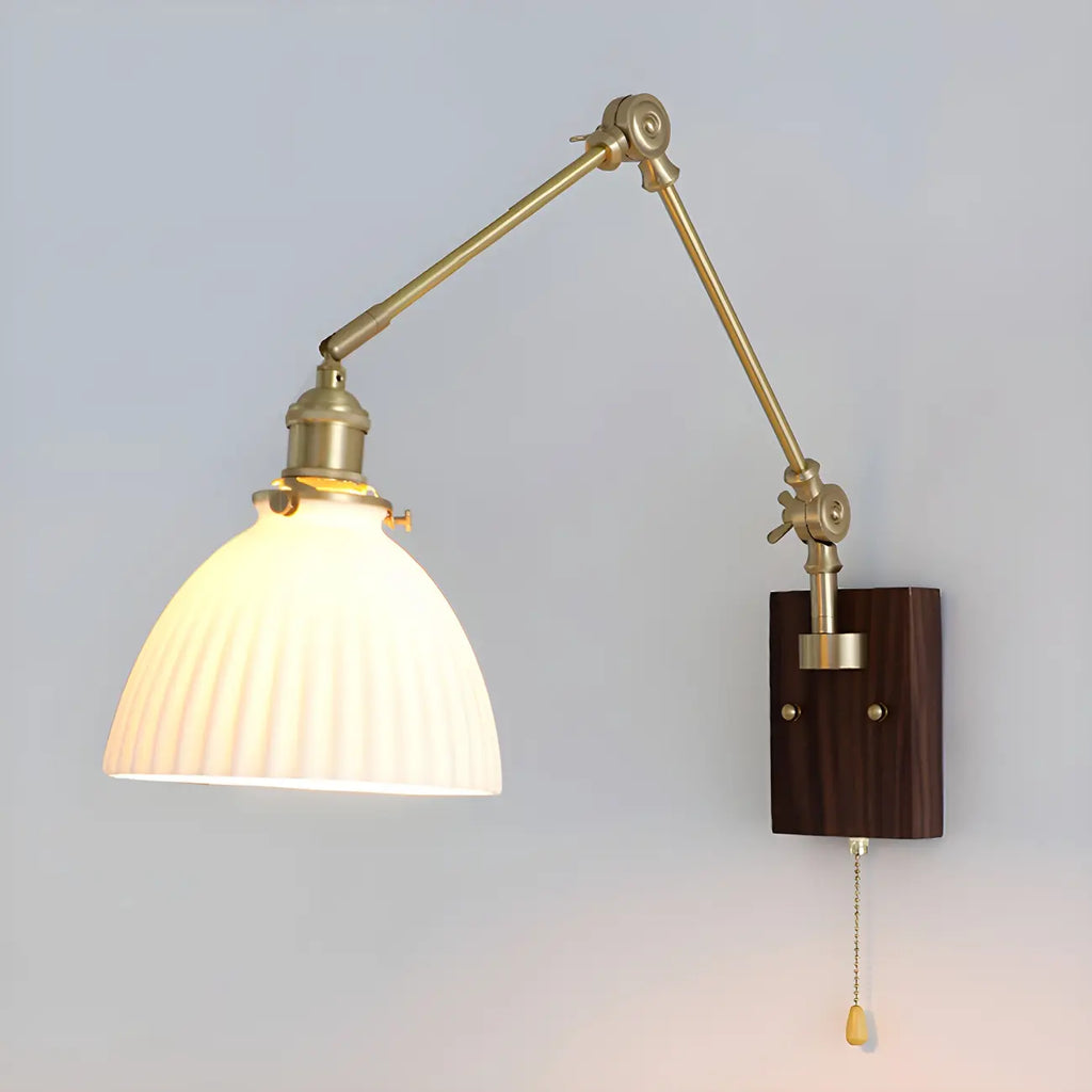 Vintage Wood Base Brass Metal Swing Arm Wall Light