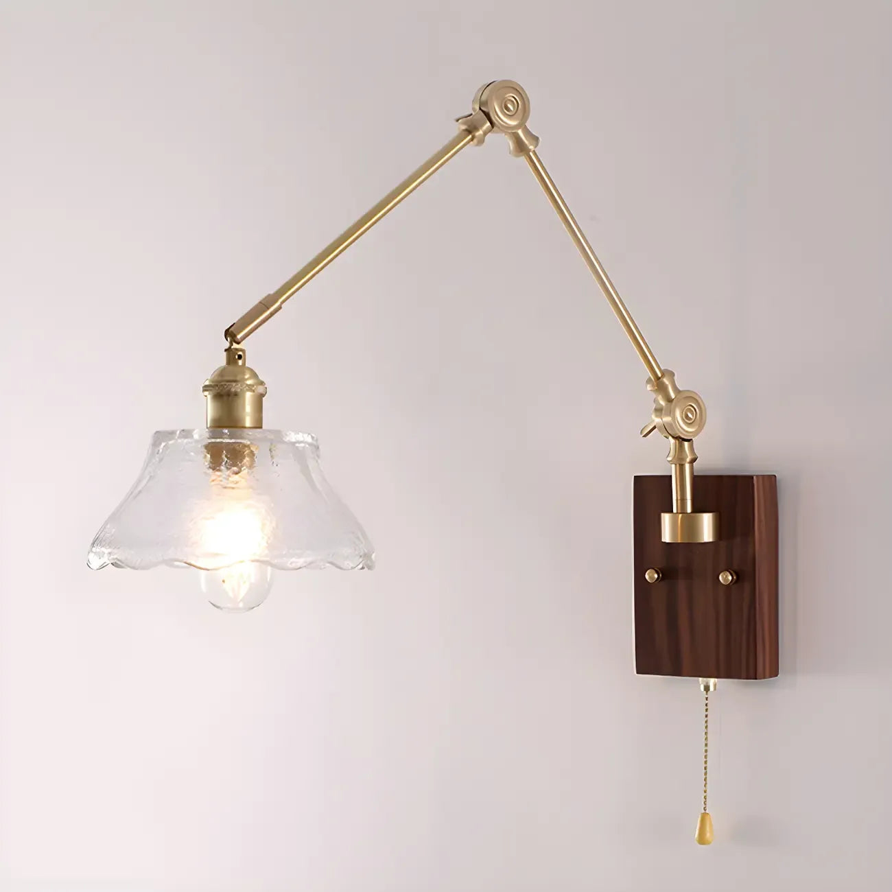 Vintage Wood Base Brass Metal Swing Arm Wall Light
