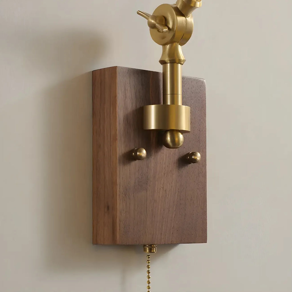 Vintage Wood Base Brass Metal Swing Arm Wall Light