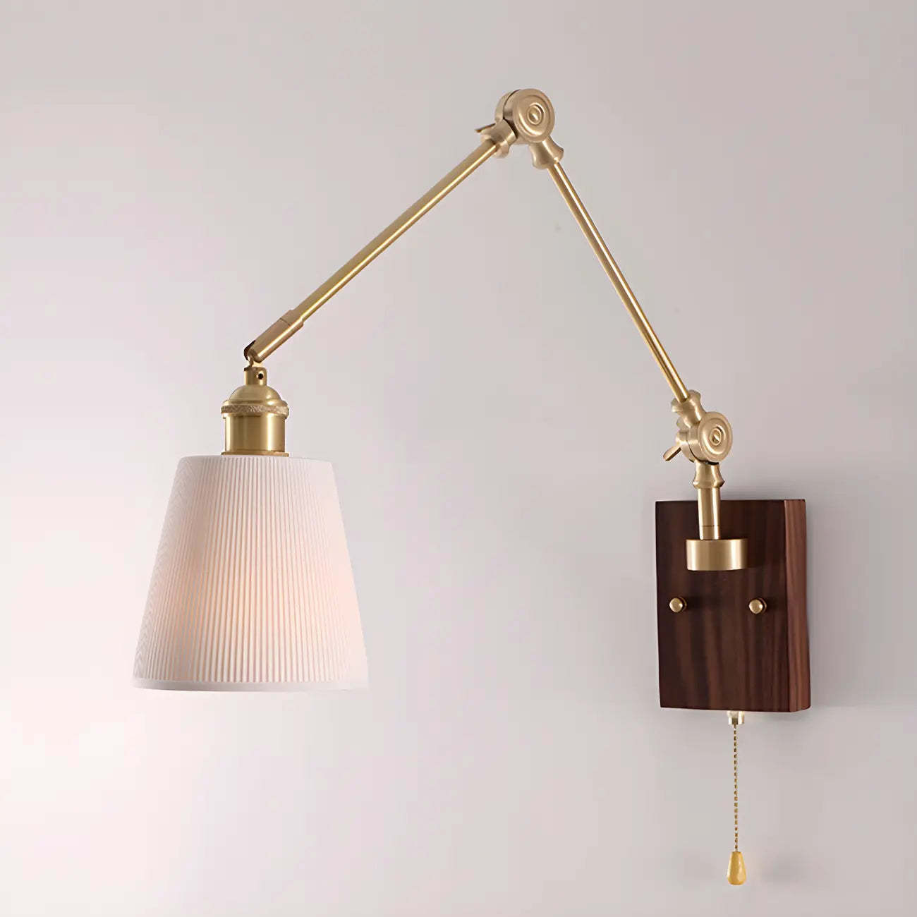 Vintage Wood Base Brass Metal Swing Arm Wall Light