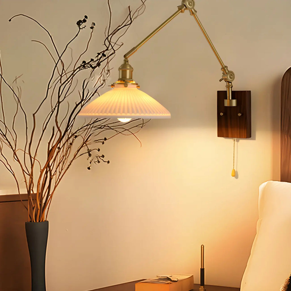 Vintage Wood Base Brass Metal Swing Arm Wall Light