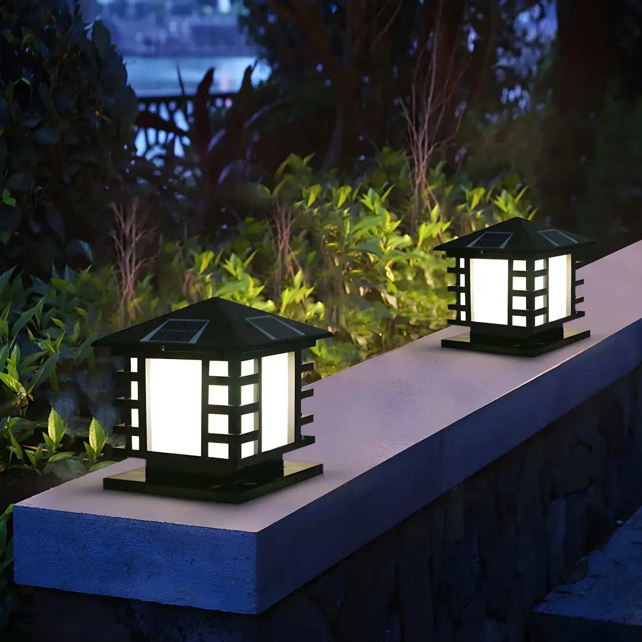 Black Metal Lantern-Shape Solar Outdoor Post Lights