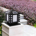 Black Metal Lantern-Shape Solar Outdoor Post Lights