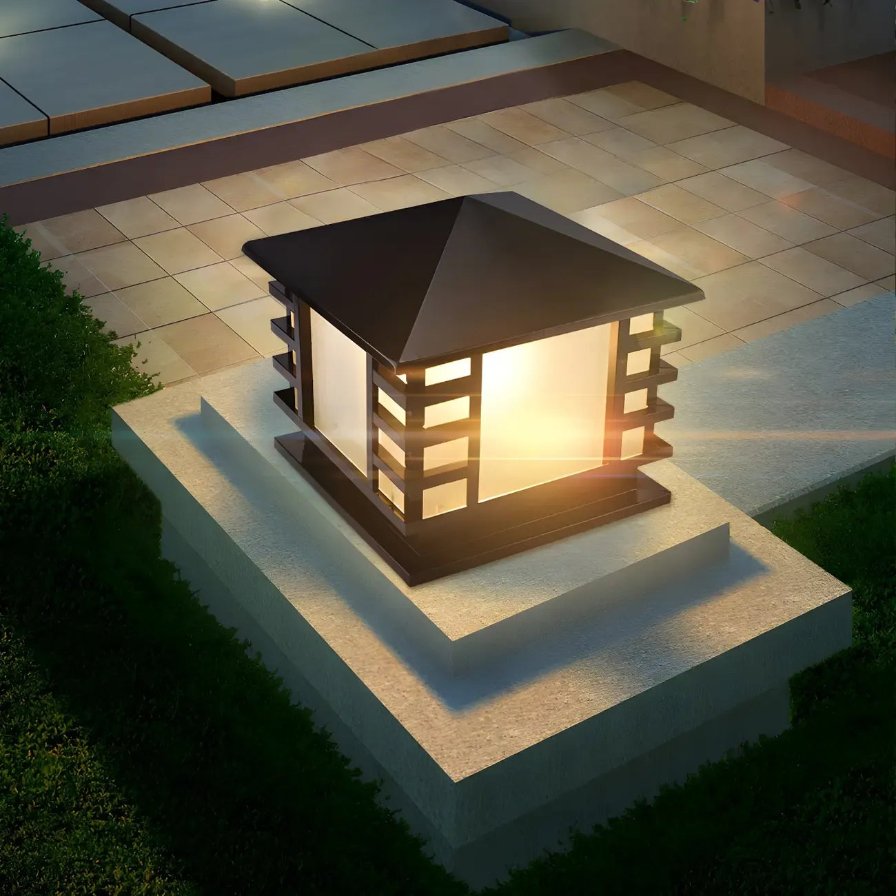 Black Metal Lantern-Shape Solar Outdoor Post Lights