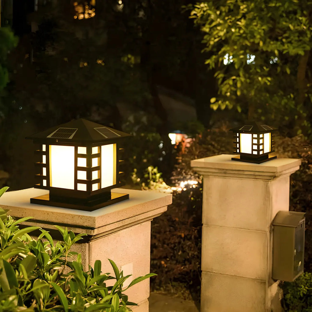 Black Metal Lantern-Shape Solar Outdoor Post Lights