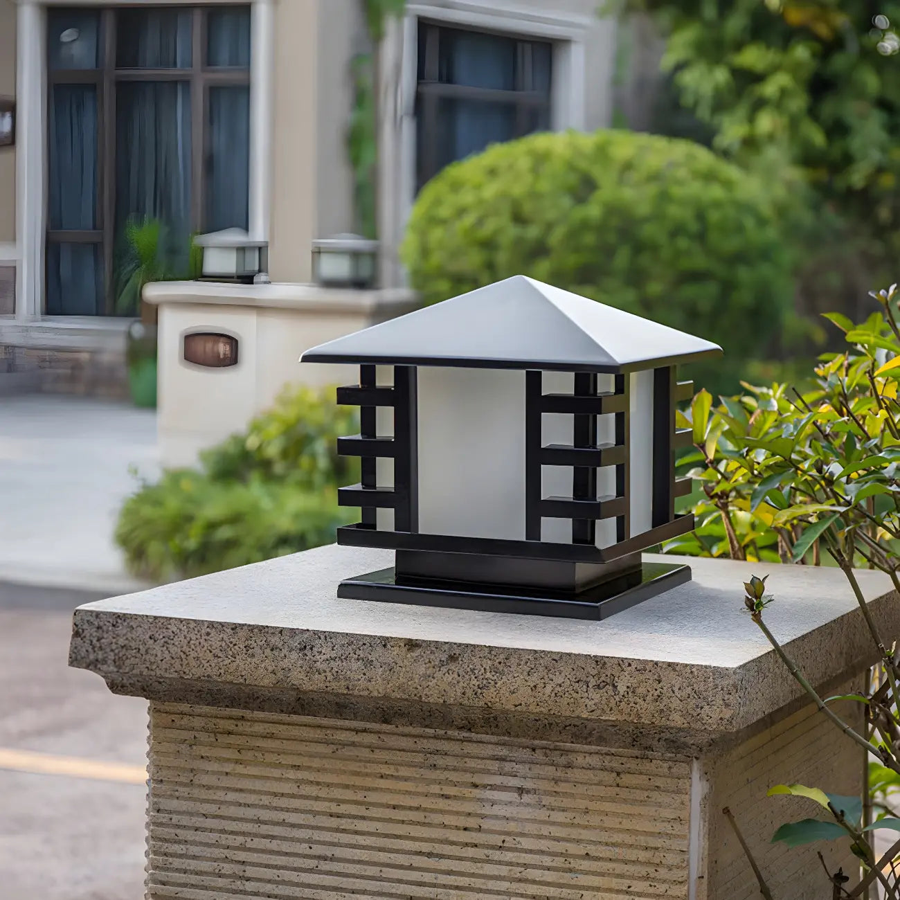 Black Metal Lantern-Shape Solar Outdoor Post Lights