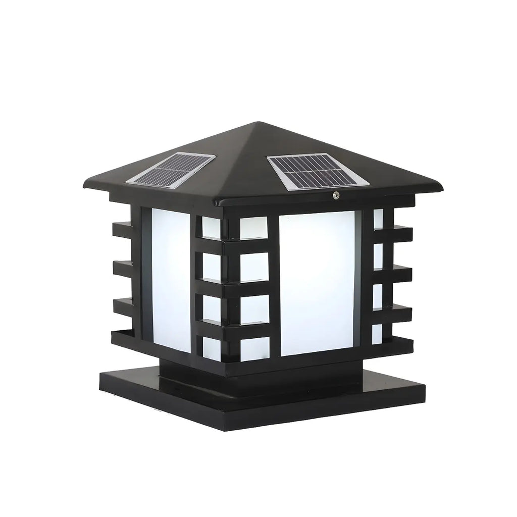 Black Metal Lantern-Shape Solar Outdoor Post Lights