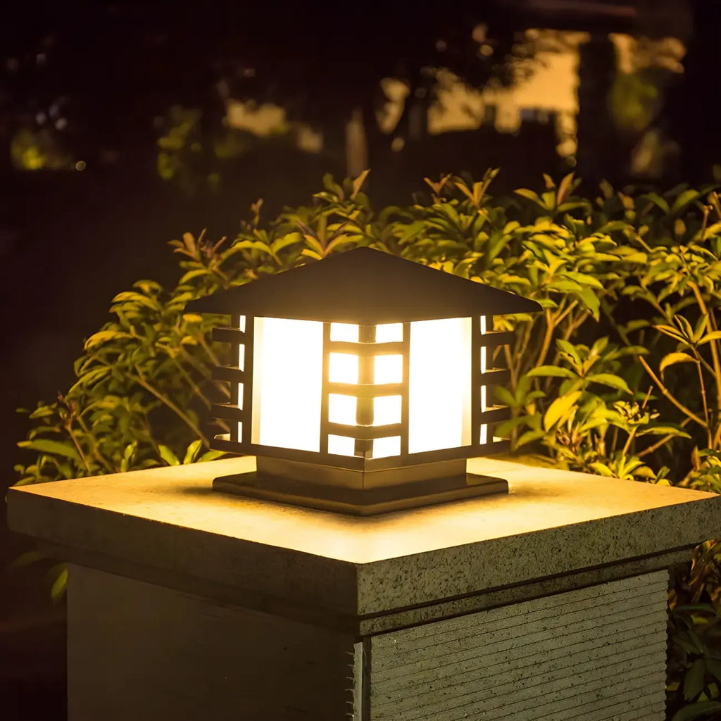 Black Metal Lantern-Shape Solar Outdoor Post Lights