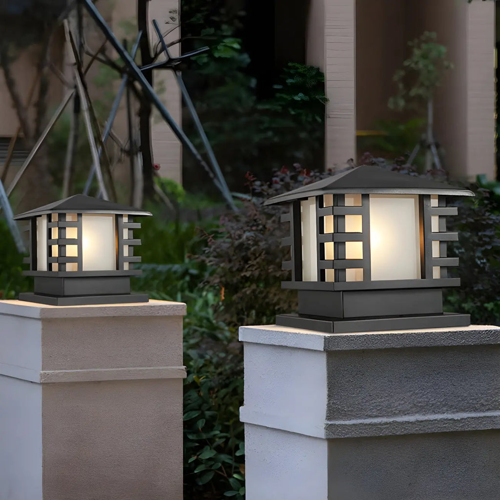 Black Metal Lantern-Shape Solar Outdoor Post Lights