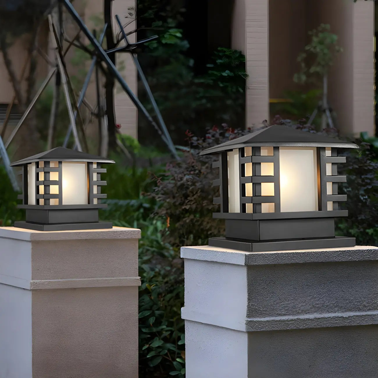 Black Metal Lantern-Shape Solar Outdoor Post Lights