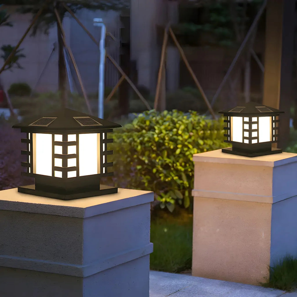 Black Metal Lantern-Shape Solar Outdoor Post Lights