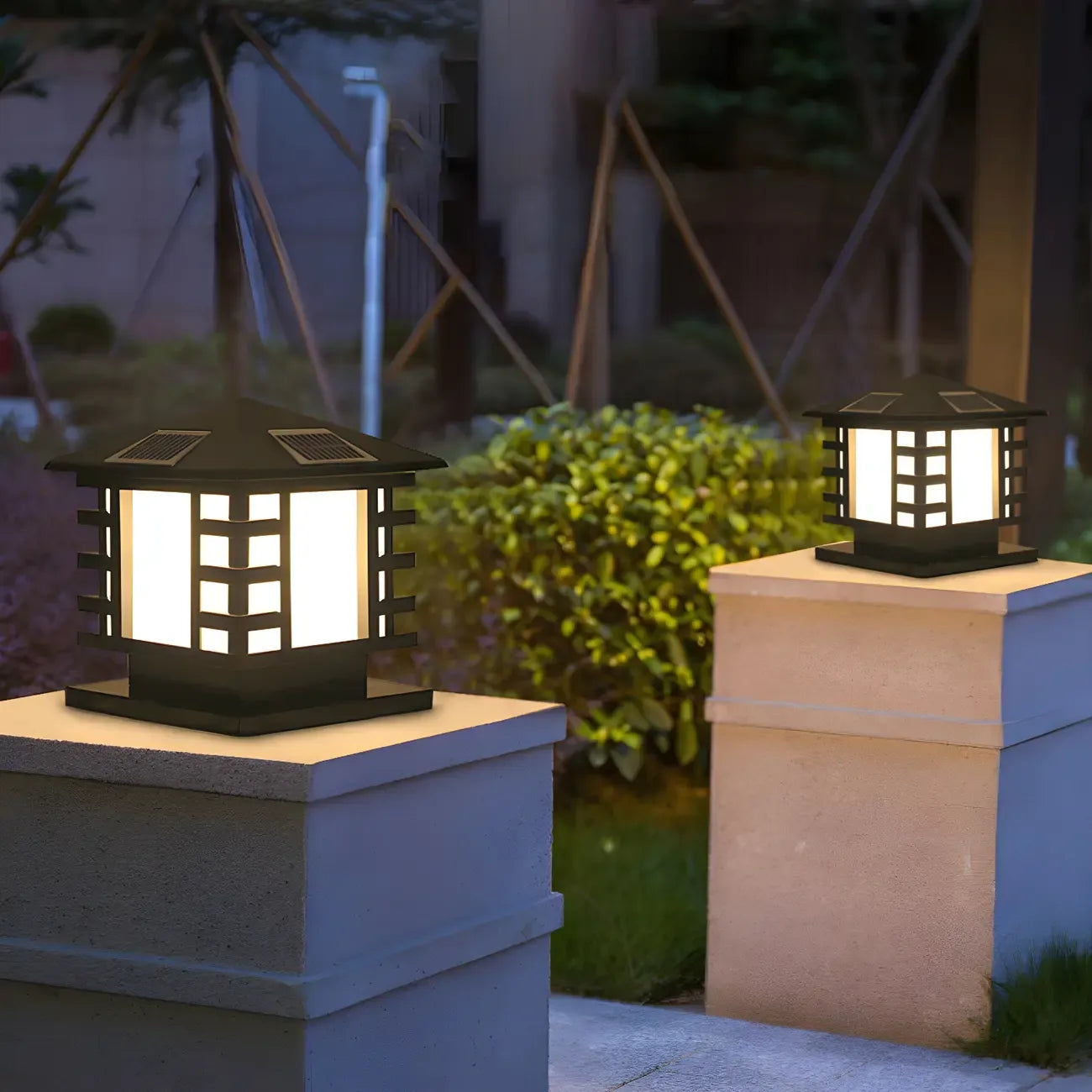 Black Metal Lantern-Shape Solar Outdoor Post Lights
