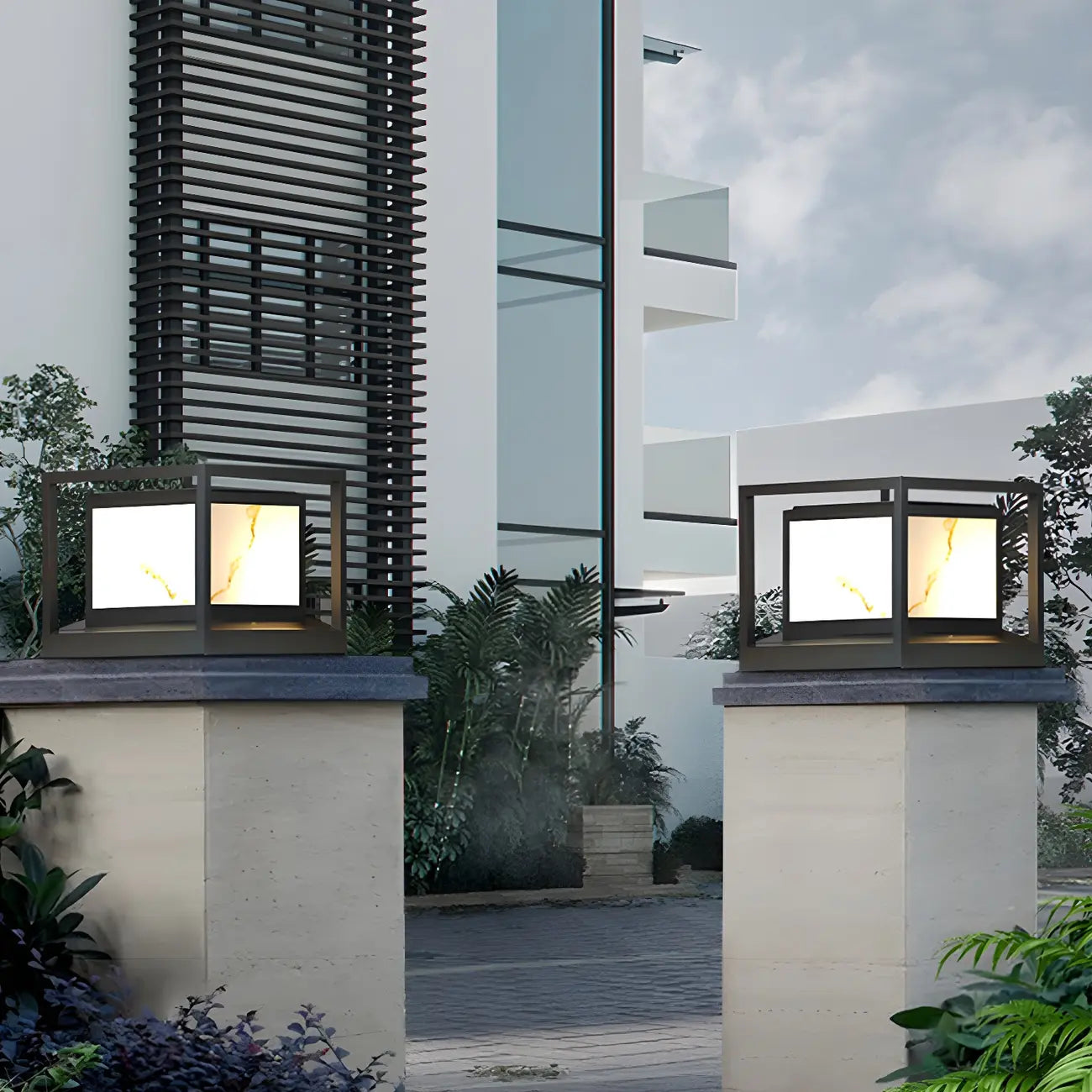 Elegant Solar Black Metal Cube Outdoor Post Lights