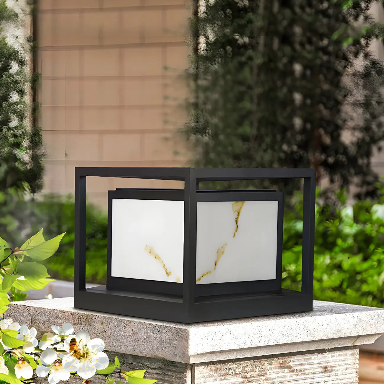 Elegant Solar Black Metal Cube Outdoor Post Lights