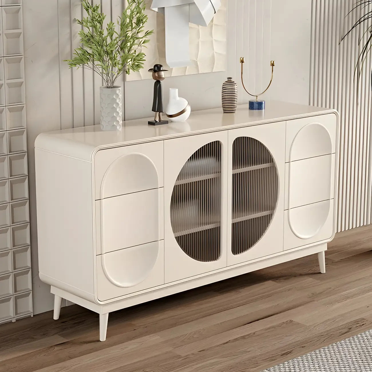 Modern White Wooden Glass No Handle Storage Cabinet