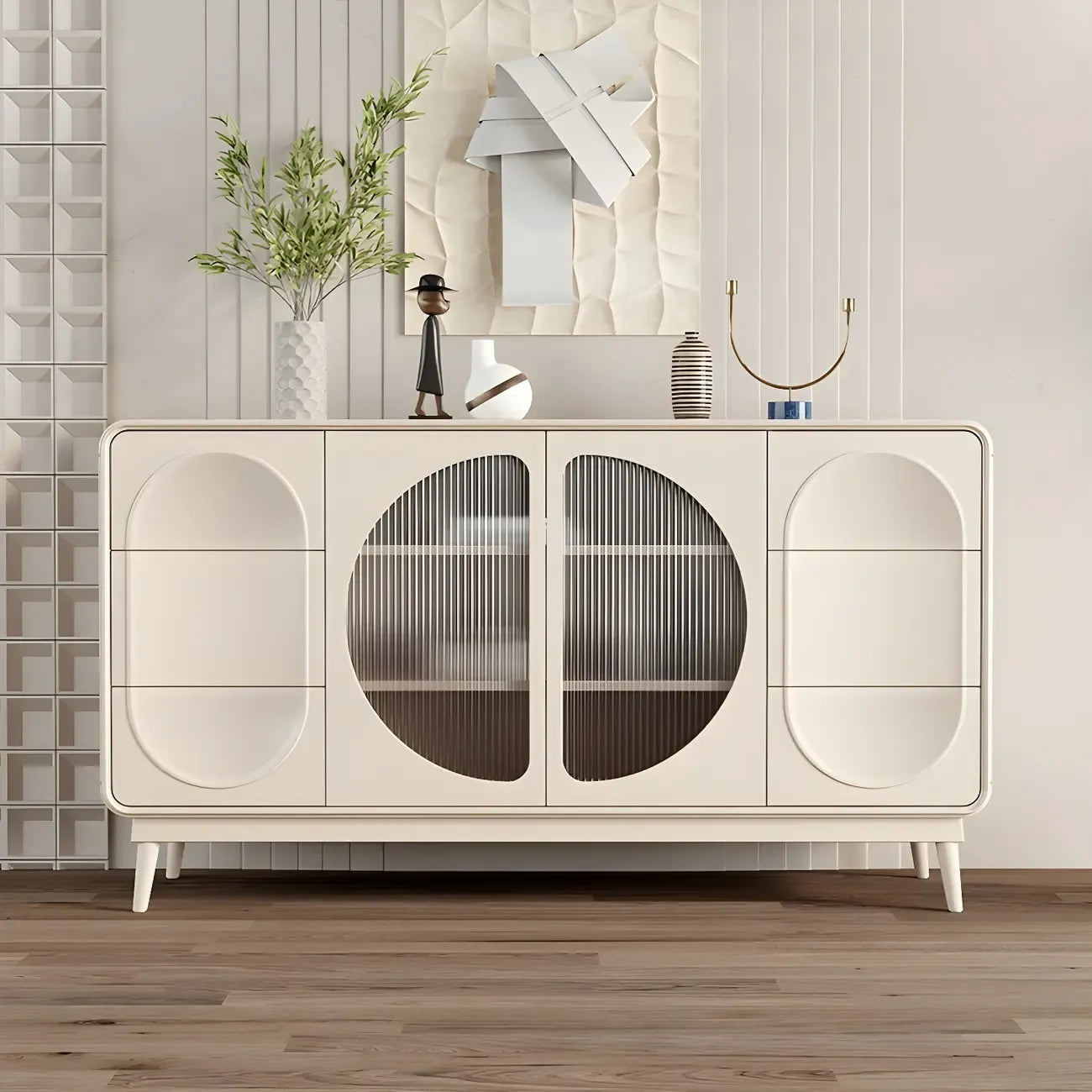 Modern White Wooden Glass No Handle Storage Cabinet