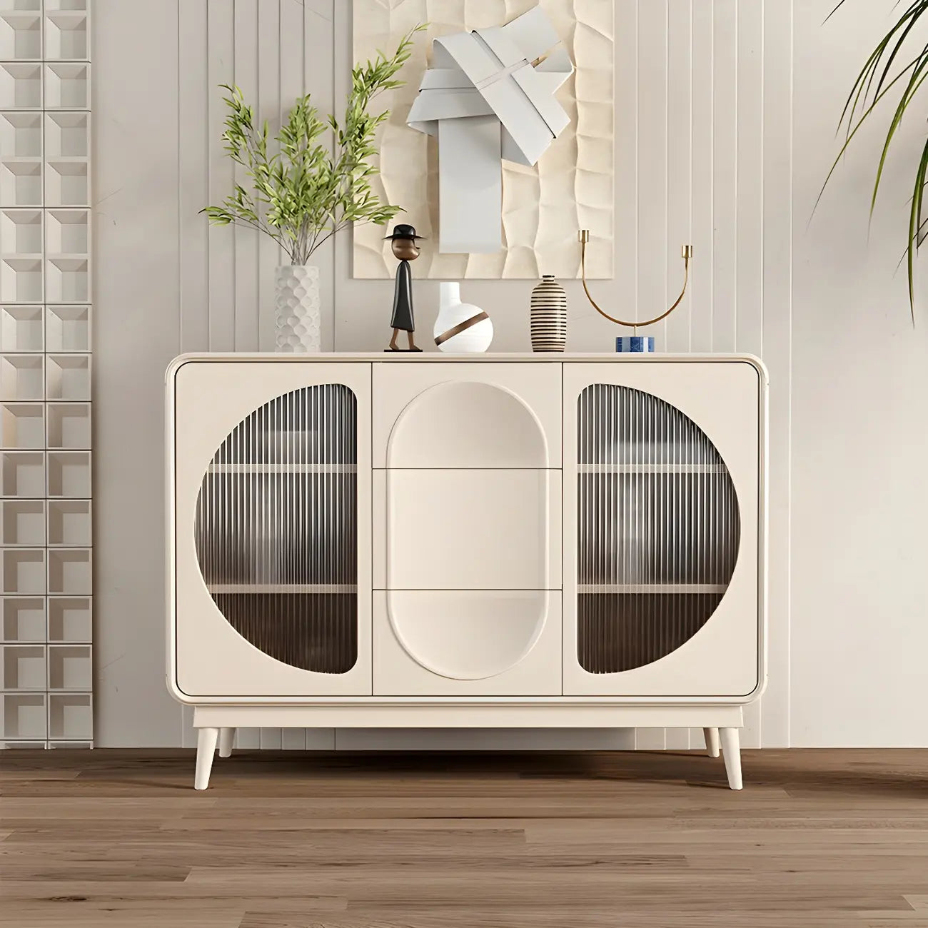 Modern White Wooden Glass No Handle Storage Cabinet