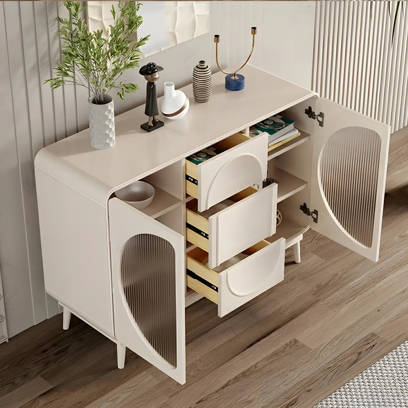 Modern White Wooden Glass No Handle Storage Cabinet