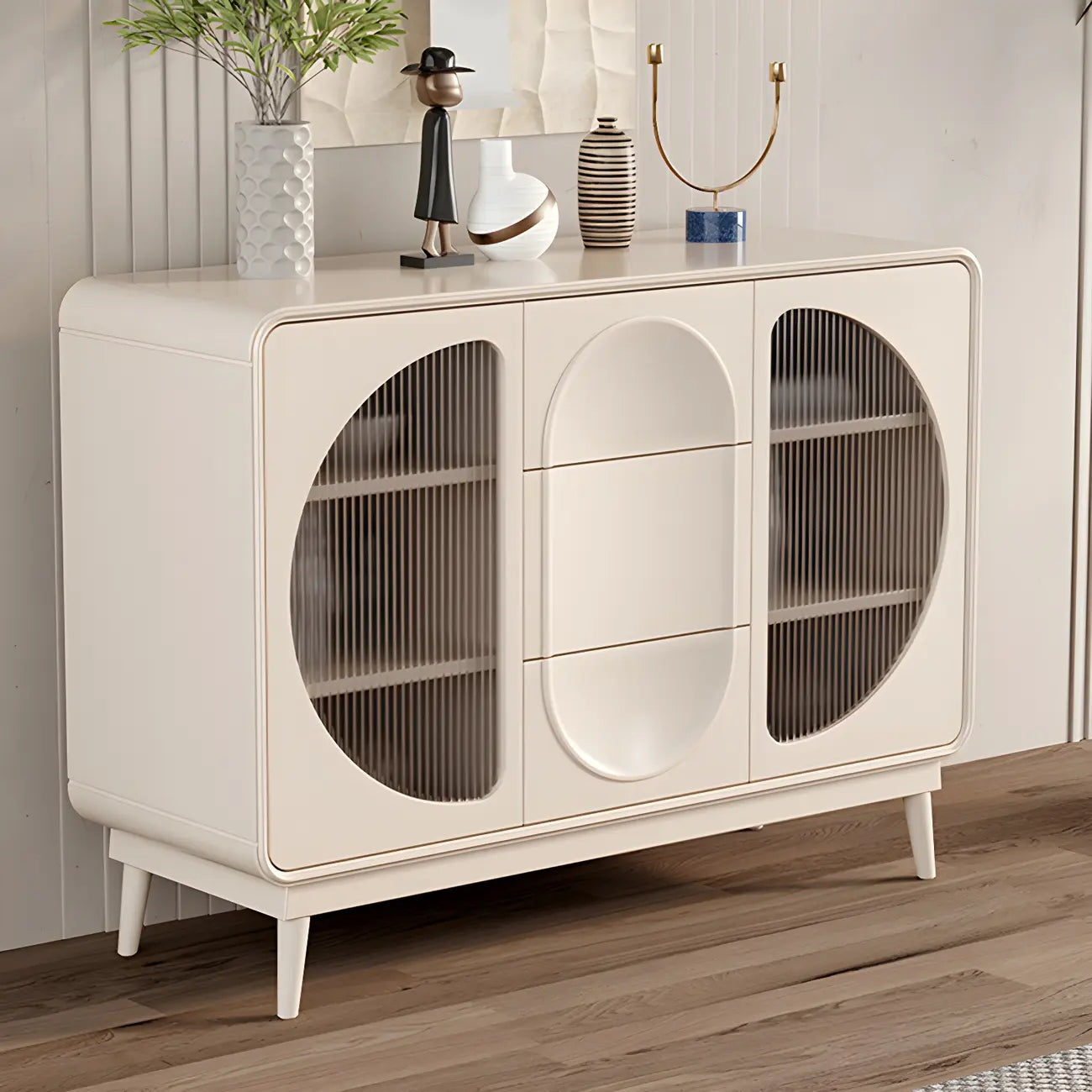 Modern White Wooden Glass No Handle Storage Cabinet