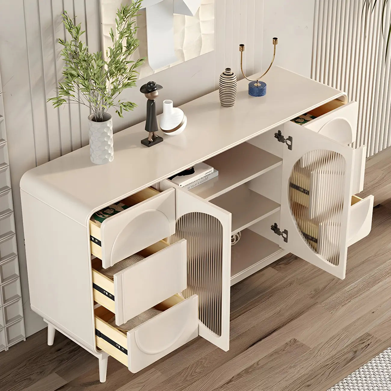 Modern White Wooden Glass No Handle Storage Cabinet