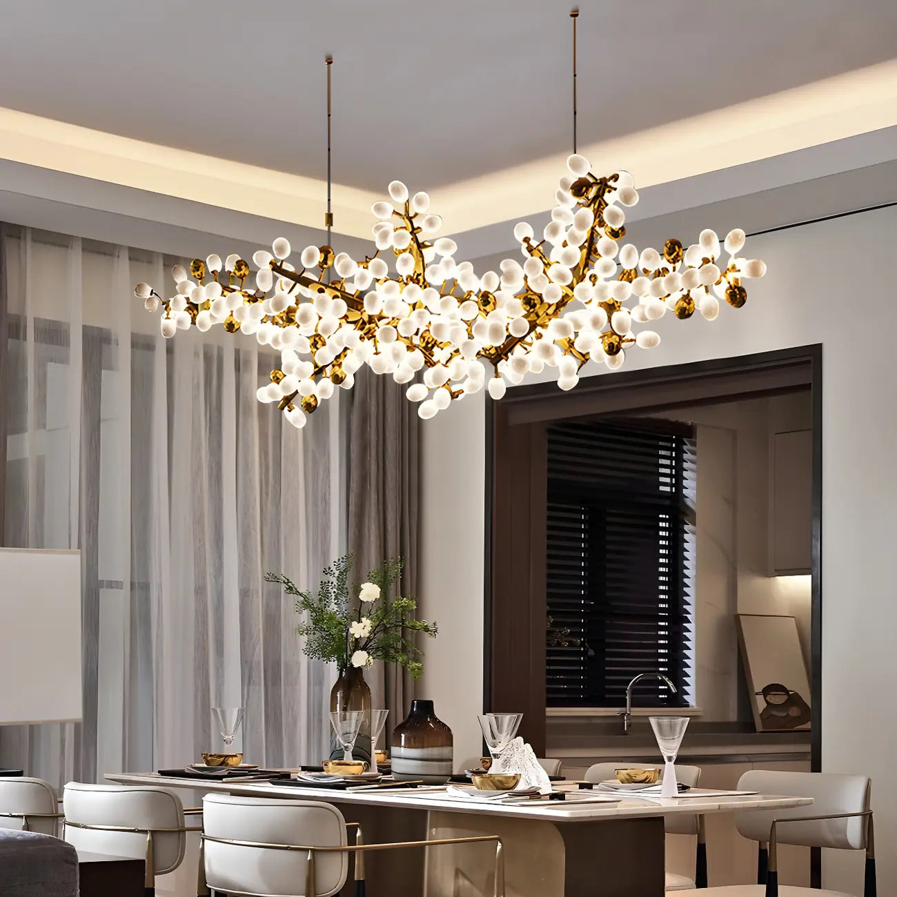 1 Tier Gold Branch White Glass Oval Cluster Pendant Light