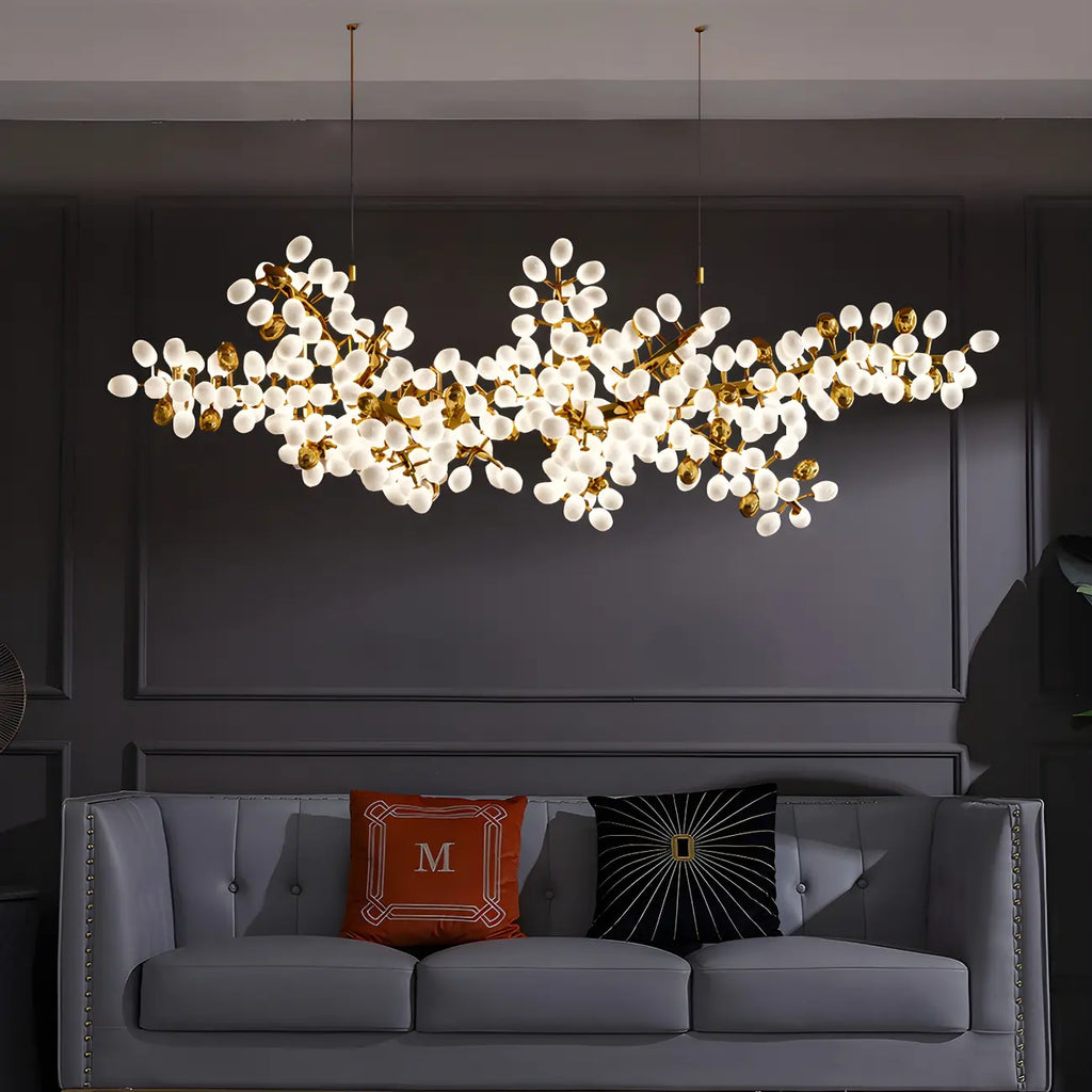 1 Tier Gold Branch White Glass Oval Cluster Pendant Light