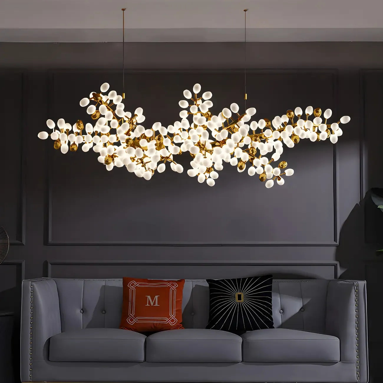 1 Tier Gold Branch White Glass Oval Cluster Pendant Light