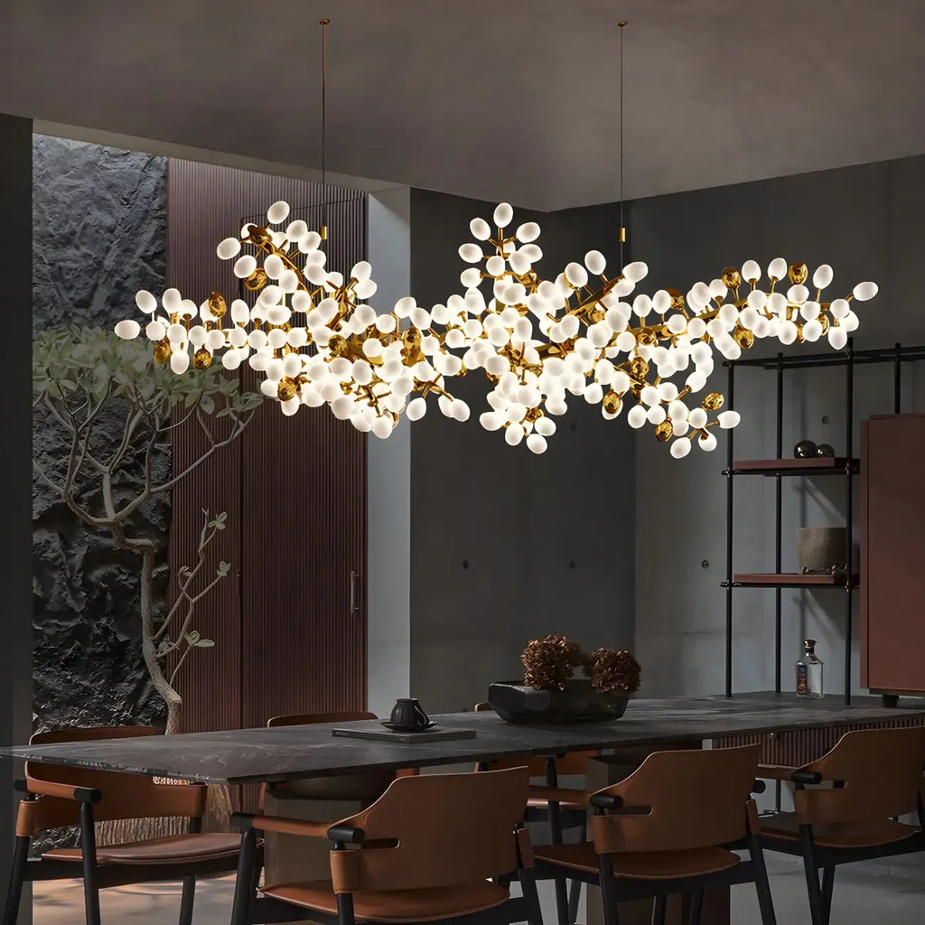 1 Tier Gold Branch White Glass Oval Cluster Pendant Light