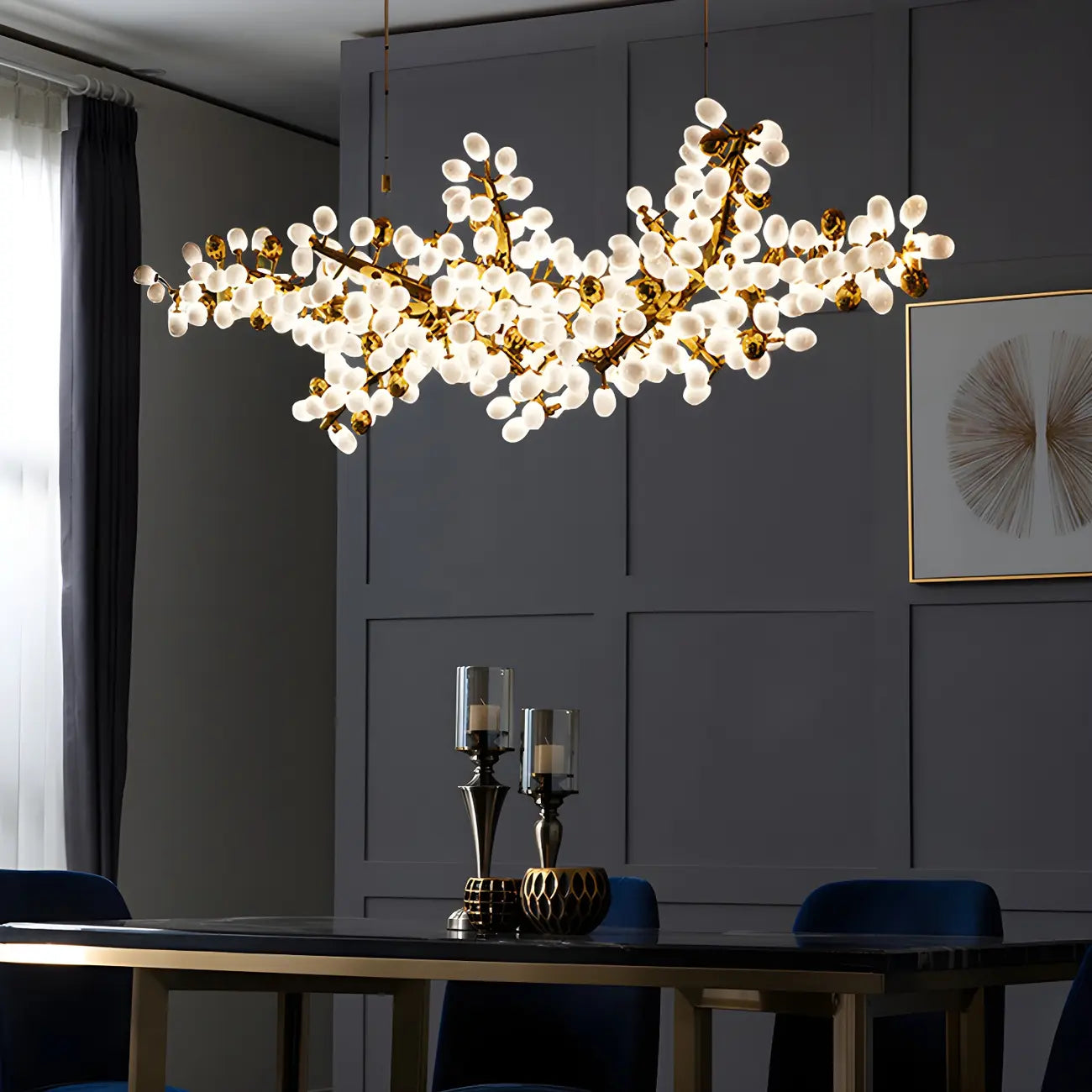1 Tier Gold Branch White Glass Oval Cluster Pendant Light