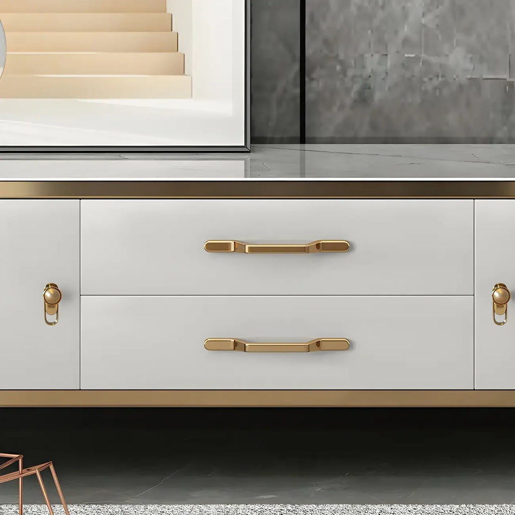 71 White Stone Fluted Panels Gold Trim TV Stand with Cabinet