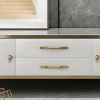 71 White Stone Fluted Panels Gold Trim TV Stand with Cabinet