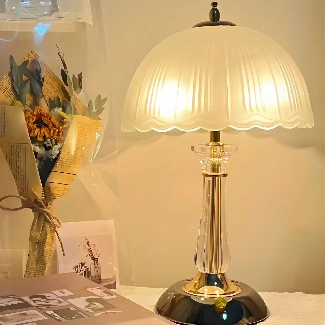 Elegant White Glass Metal Umbrella-Shaped Table Lamp