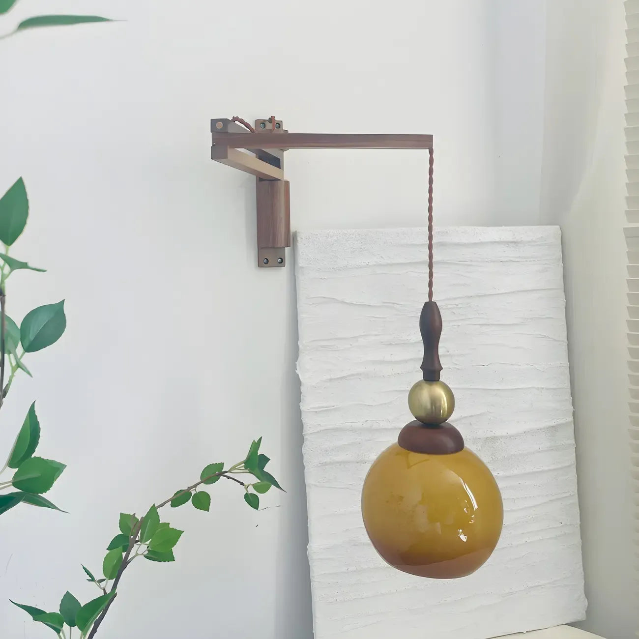 Vintage Wood Brown Swing Arm Amber Shade Wall Light