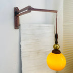 Vintage Wood Brown Swing Arm Amber Shade Wall Light
