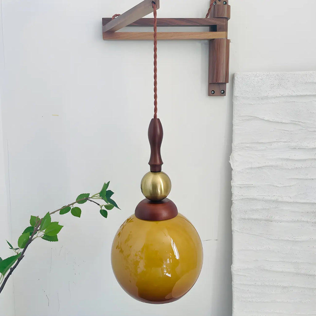 Vintage Wood Brown Swing Arm Amber Shade Wall Light