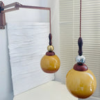 Vintage Wood Brown Swing Arm Amber Shade Wall Light
