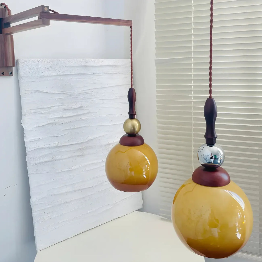 Vintage Wood Brown Swing Arm Amber Shade Wall Light