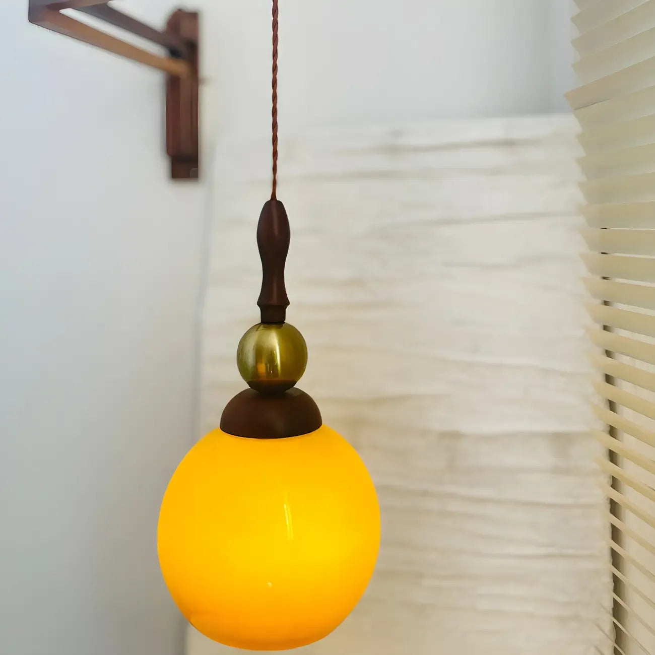 Vintage Wood Brown Swing Arm Amber Shade Wall Light