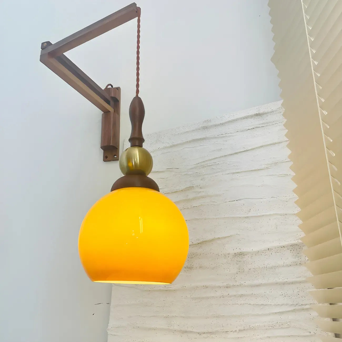 Vintage Wood Brown Swing Arm Amber Shade Wall Light
