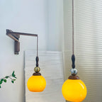 Vintage Wood Brown Swing Arm Amber Shade Wall Light