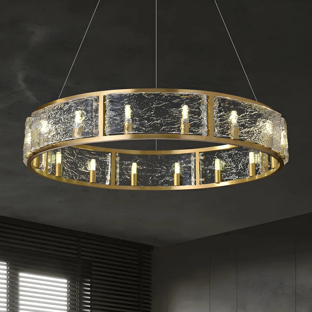 16-Light Modern Brass Glass Hoop Chandelier Height Adjustable