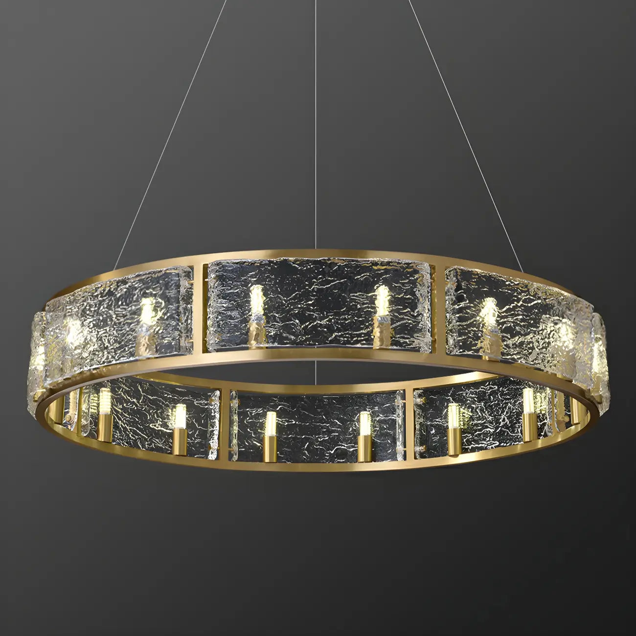 16-Light Modern Brass Glass Hoop Chandelier Height Adjustable